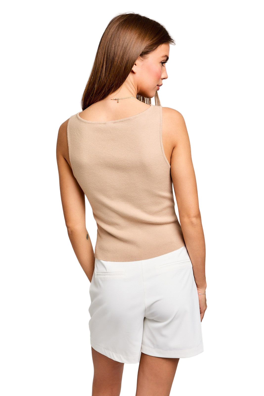 Beige Sabrina Neck Line Sweater Sleeveless Top