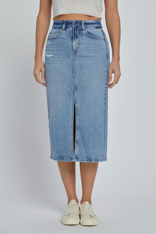 Lola High Rise Medium Denim Skirt with Slit