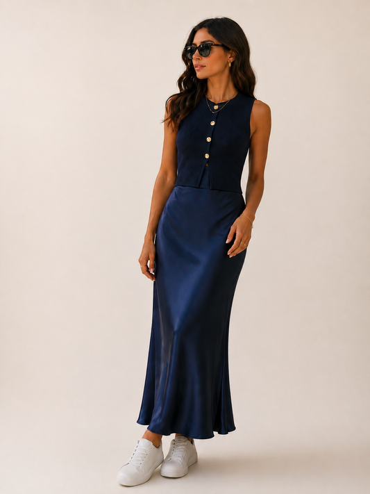 Aspen Navy Satin Skirt