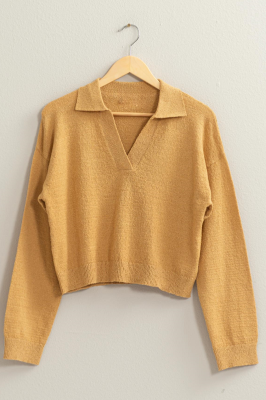 Woven Sand Luna Knit Collared Drop Shoulder Sweater