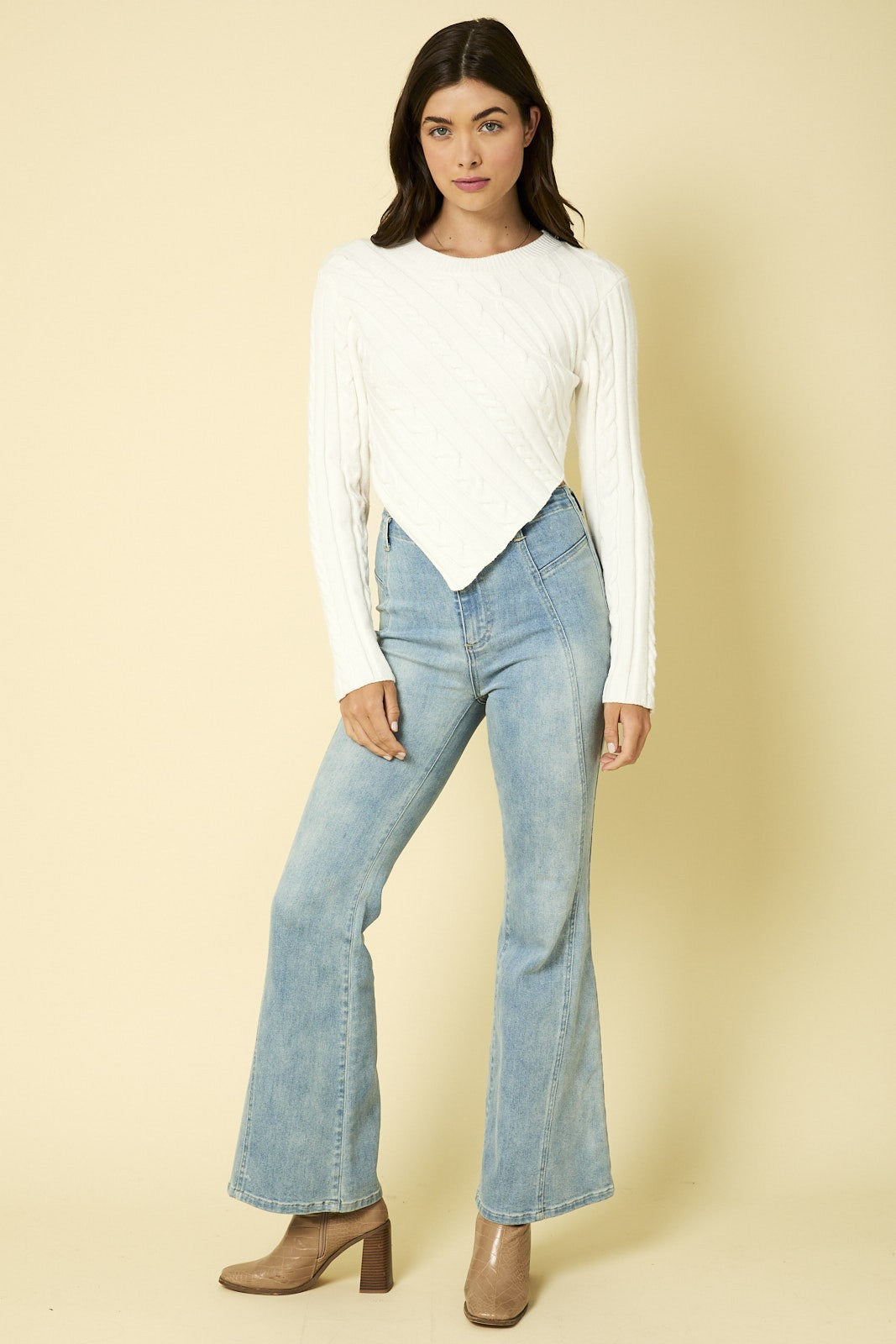 White Valeria Crew Neck Cable Sweater