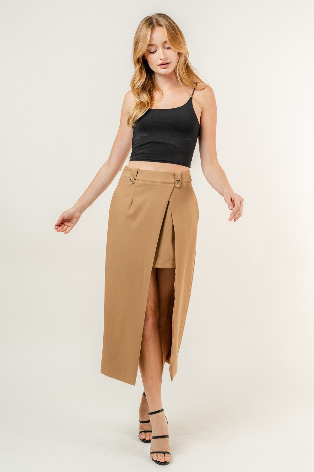 Chic Amber Khaki Asymmetric Midi Skirt