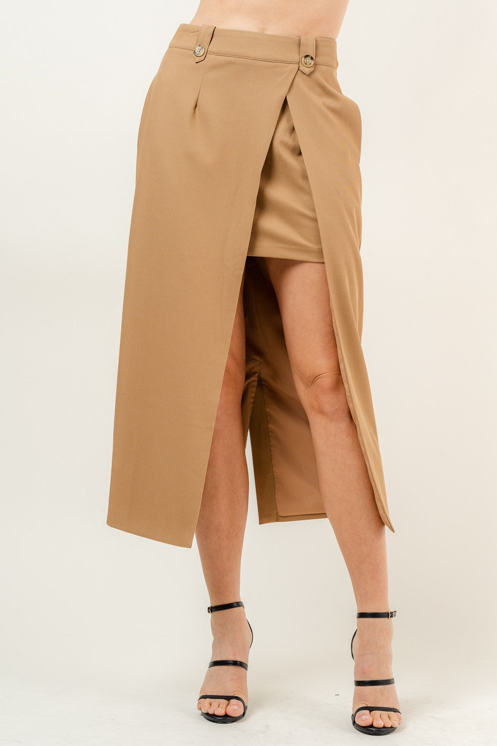 Chic Amber Khaki Asymmetric Midi Skirt