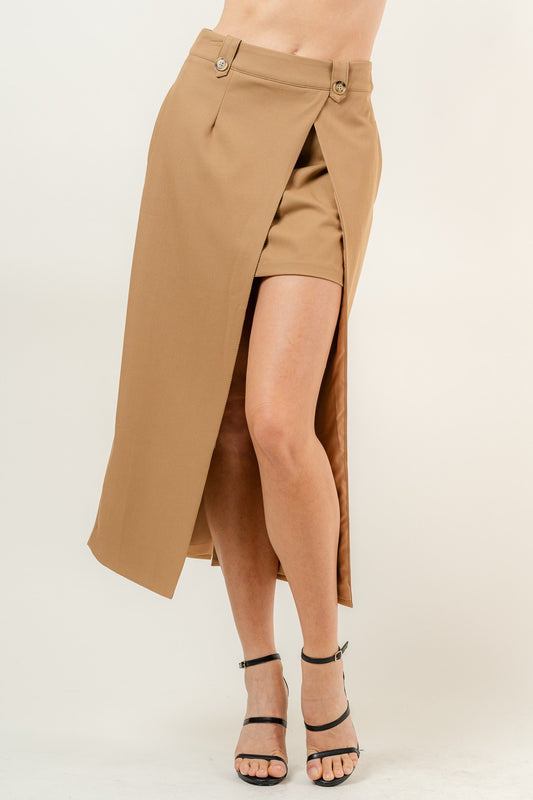 Chic Amber Khaki Asymmetric Midi Skirt