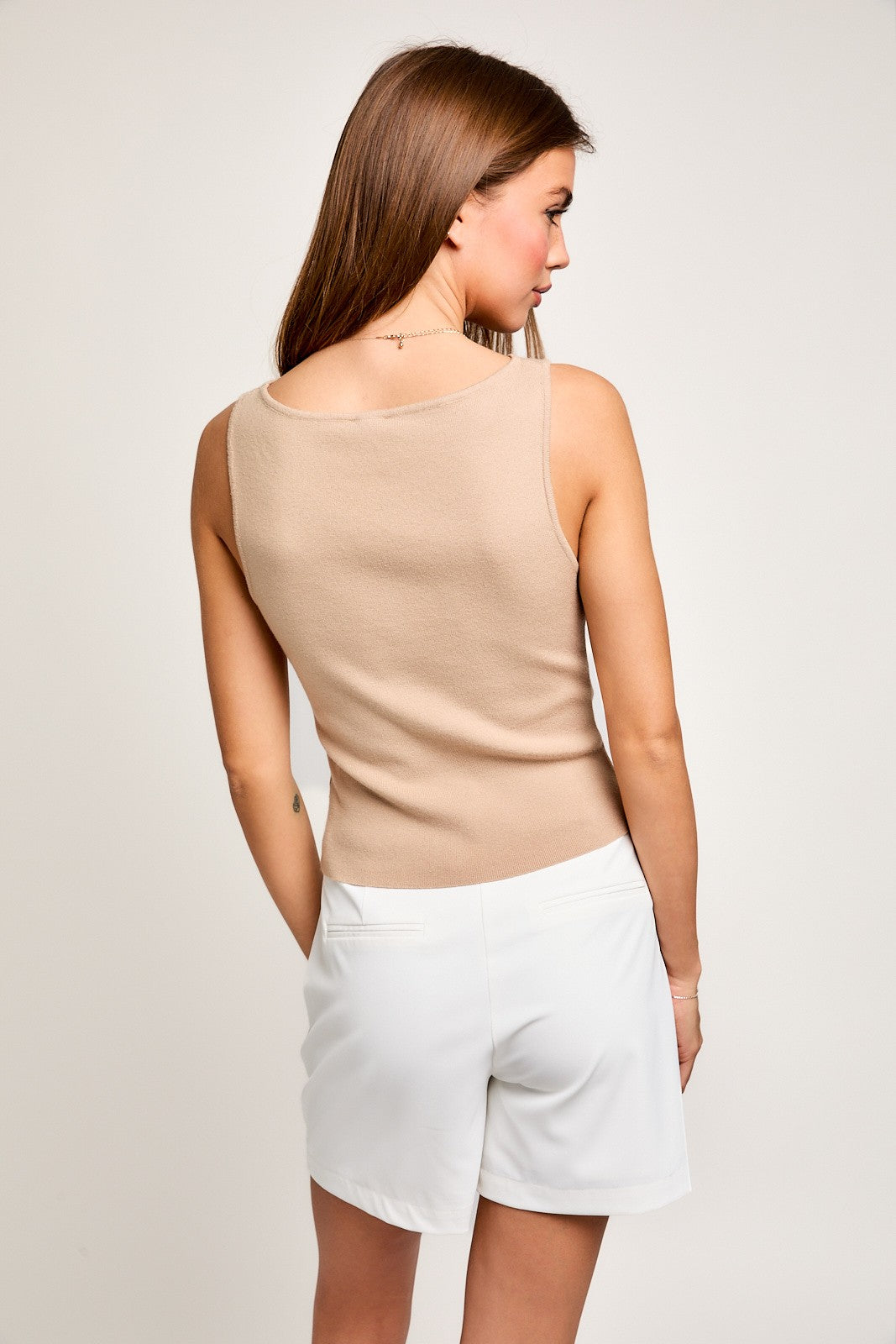 Beige Sabrina Neck Line Sweater Sleeveless Top