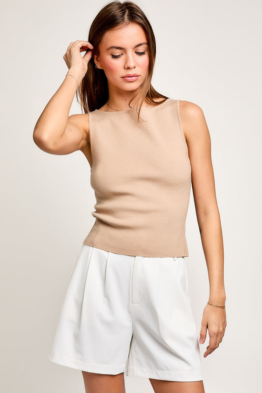 Beige Sabrina Neck Line Sweater Sleeveless Top