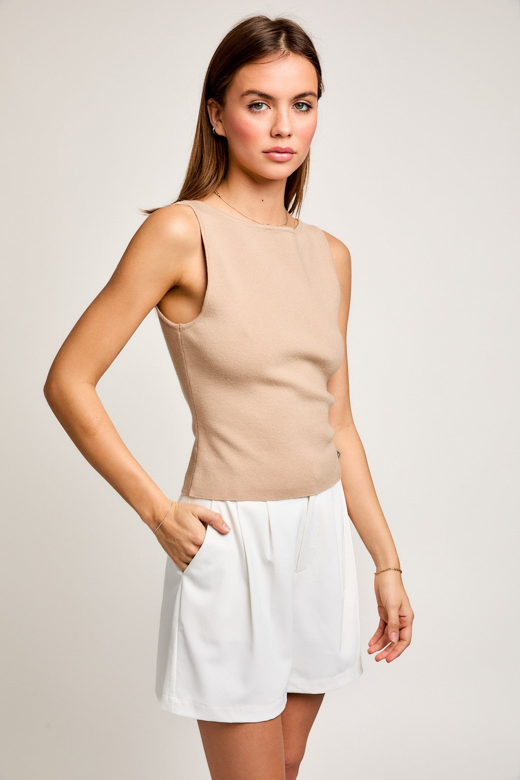 Beige Sabrina Neck Line Sweater Sleeveless Top