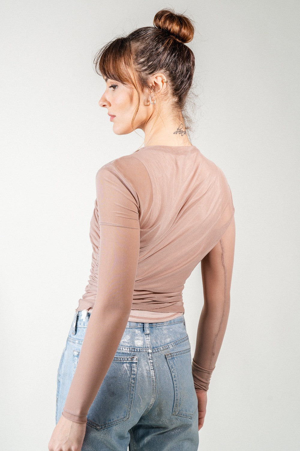 Mocha Chic Ivy Asymmetric Mesh Top