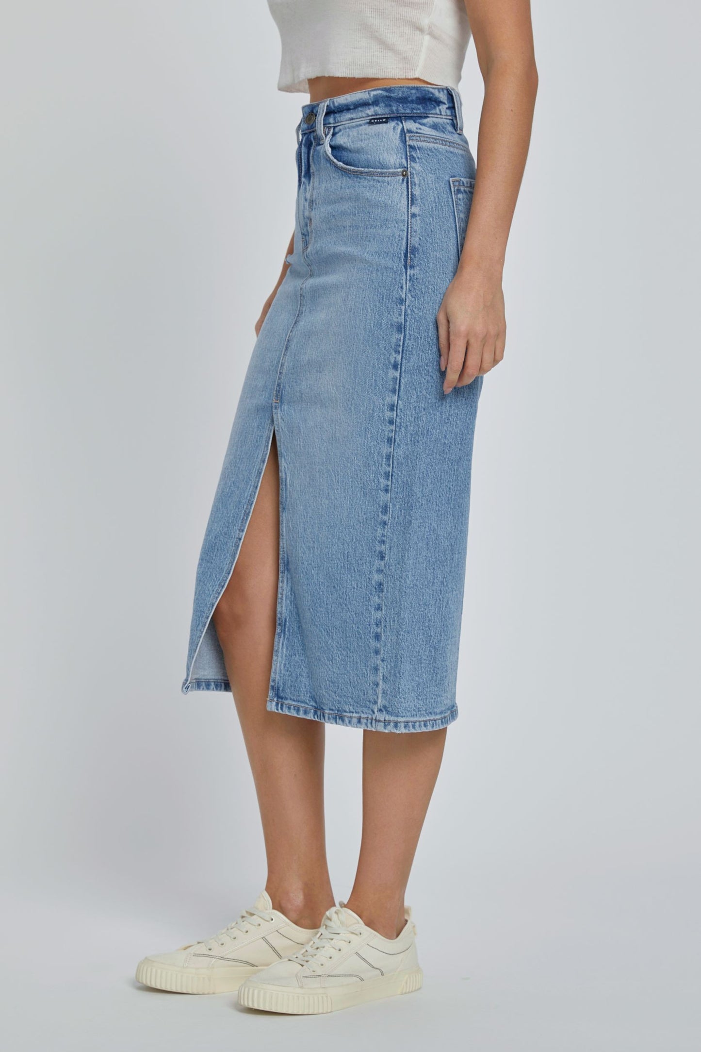 Lola High Rise Medium Denim Skirt with Slit