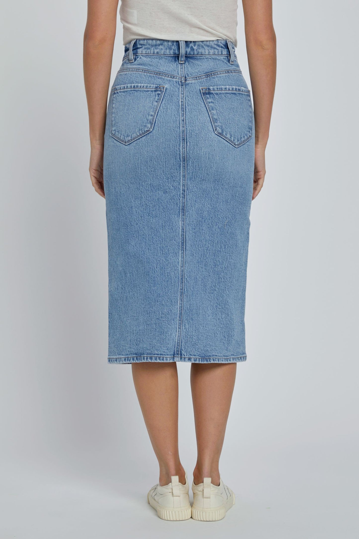 Lola High Rise Medium Denim Skirt with Slit